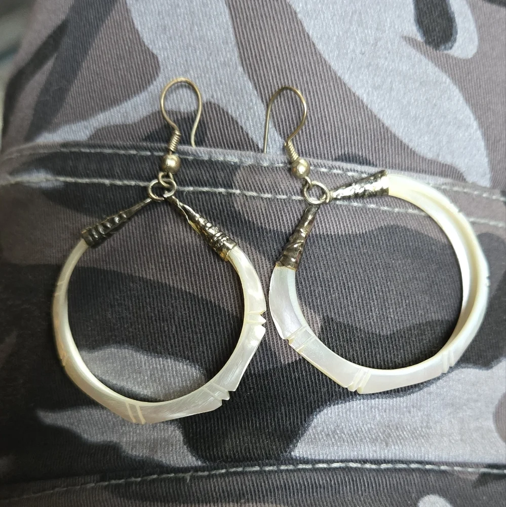 Abalone fresh shell & sterling Hoop Earrings - Picture 3 of 6